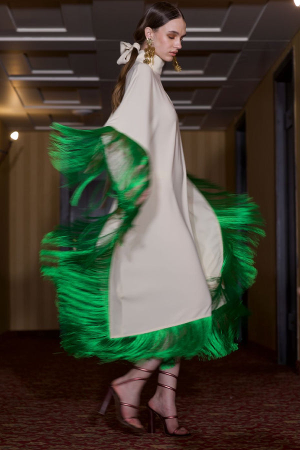 Maya Dress in Cream with Green Tassels