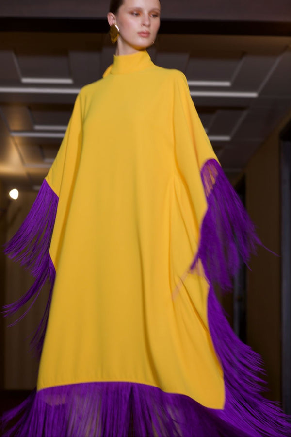 Maya Dress in Yellow with Purple Tassels