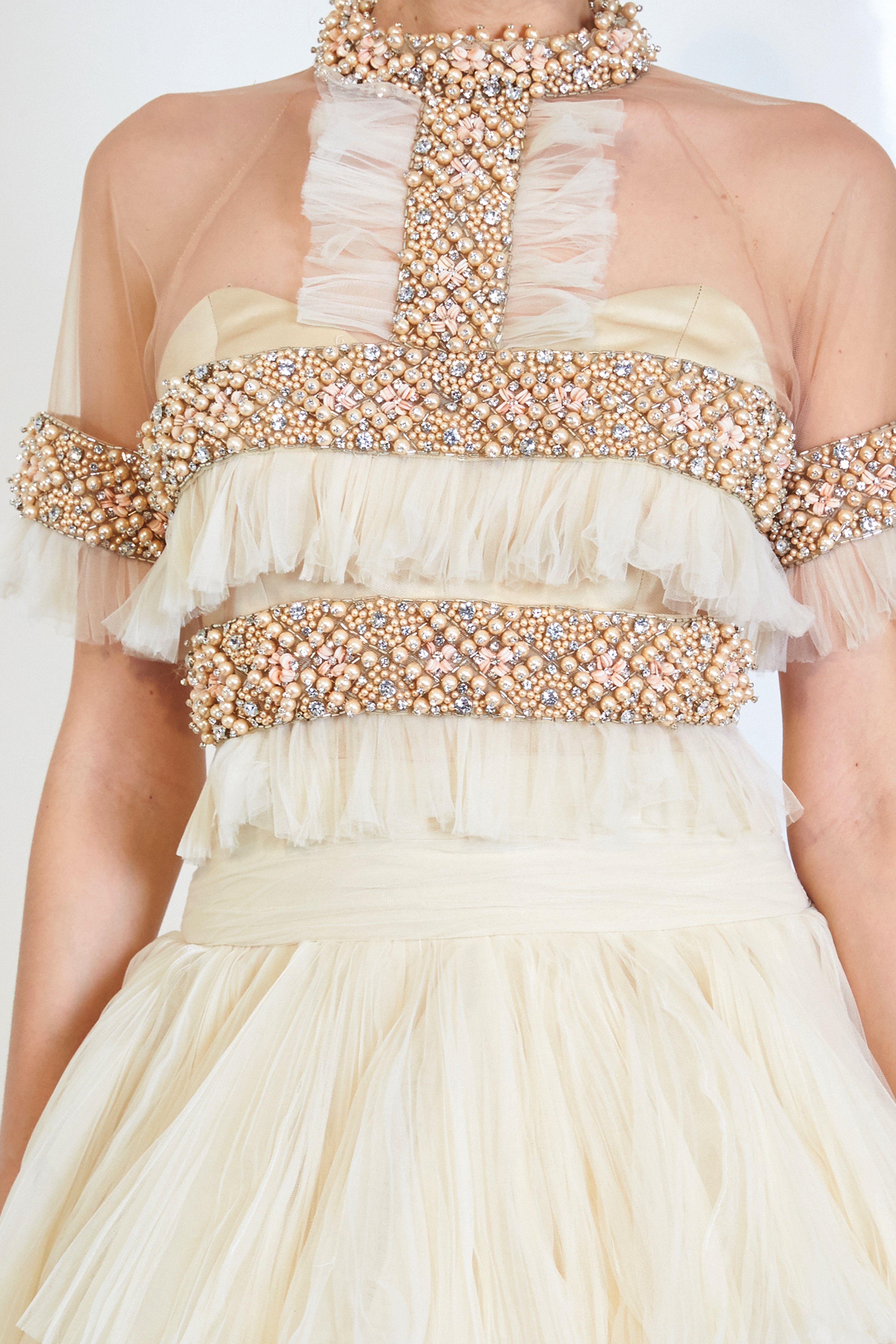 Pearl Embellished Tiered Ball Gown