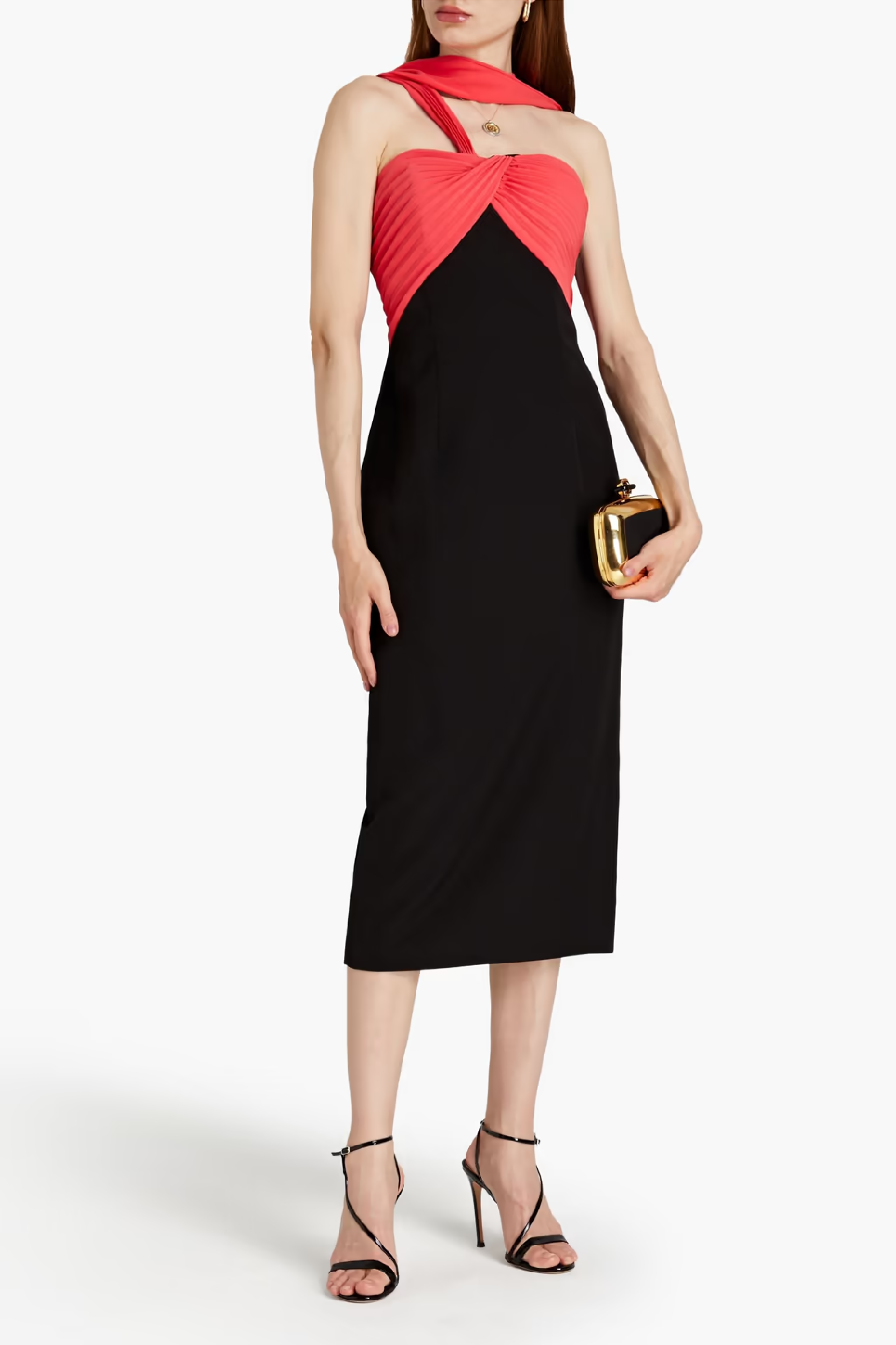 Draped Pleated-Paneled Crepe Midi Dress