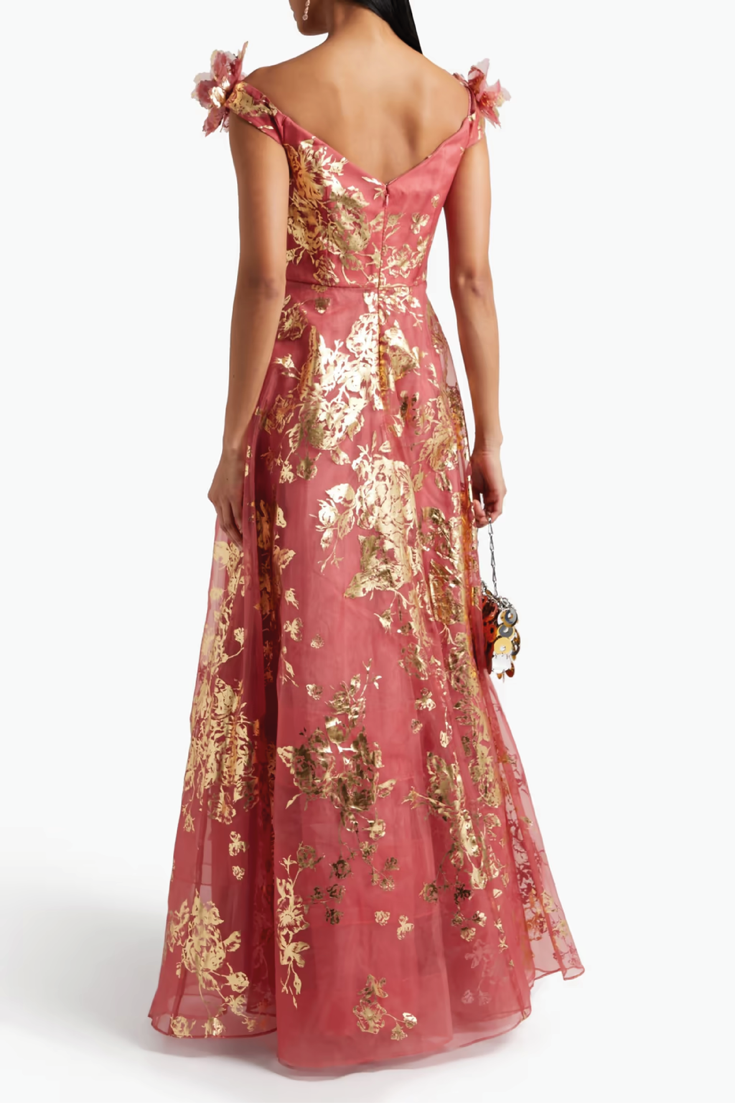 Off Shoulder Floral-Appliquéd Printed Organza Gown