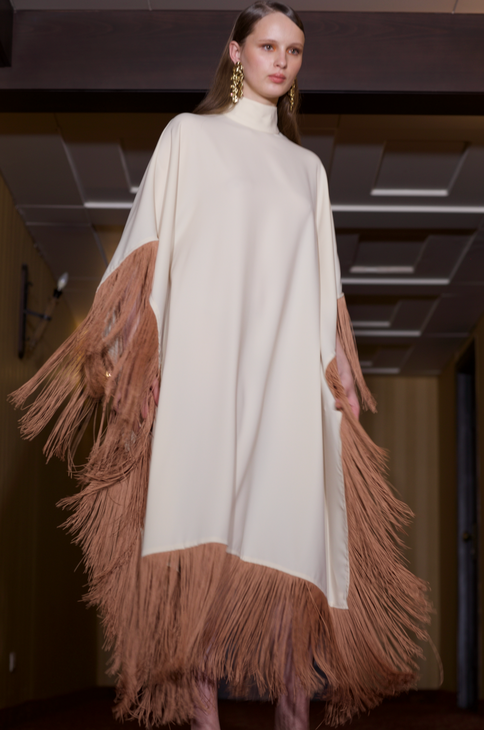 Maya Dress in Cream with Brown Tassels