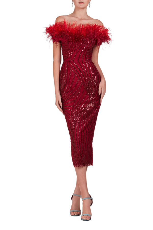 Sequin Tea Length Feathered Dress