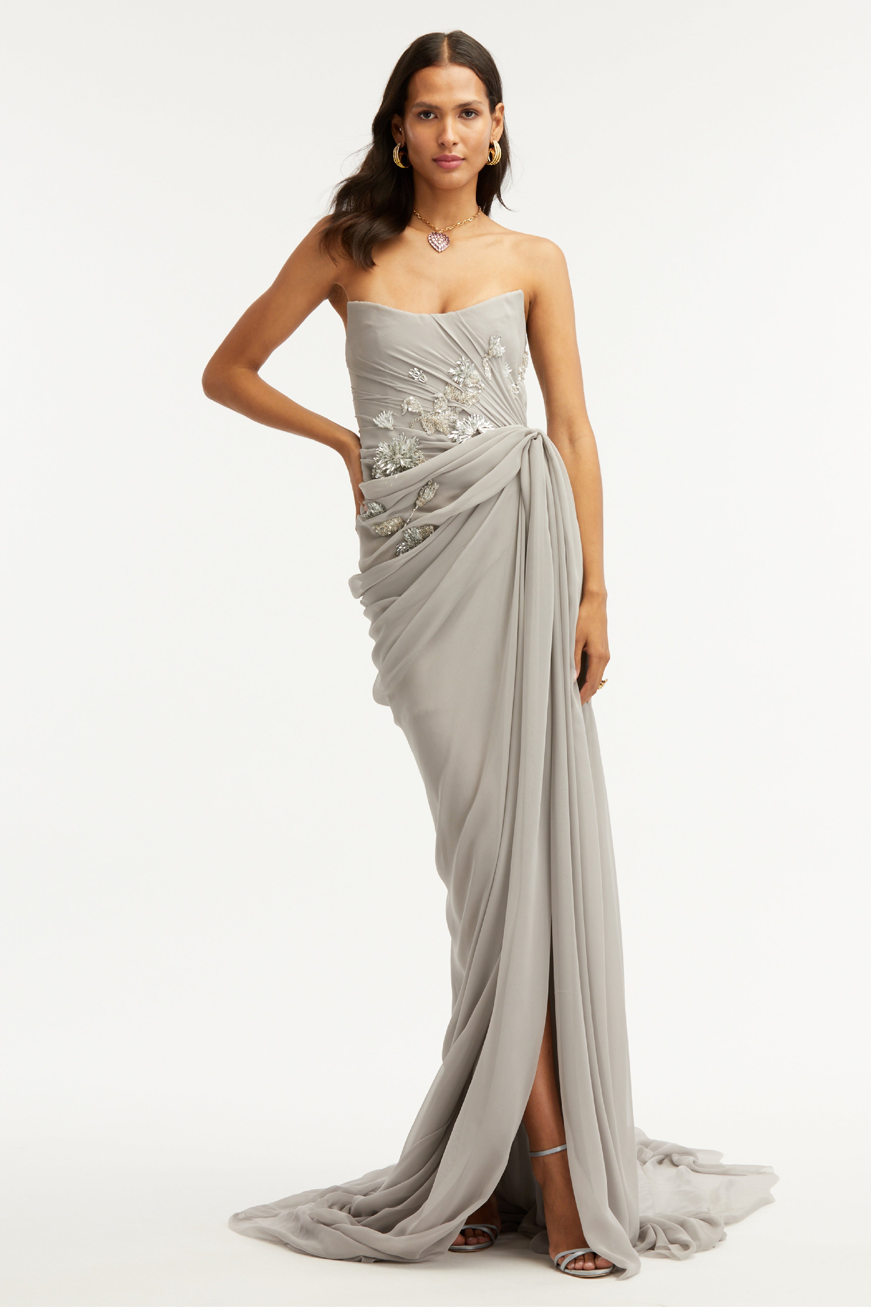 Draped Chiffon Crystal Embellished Gown