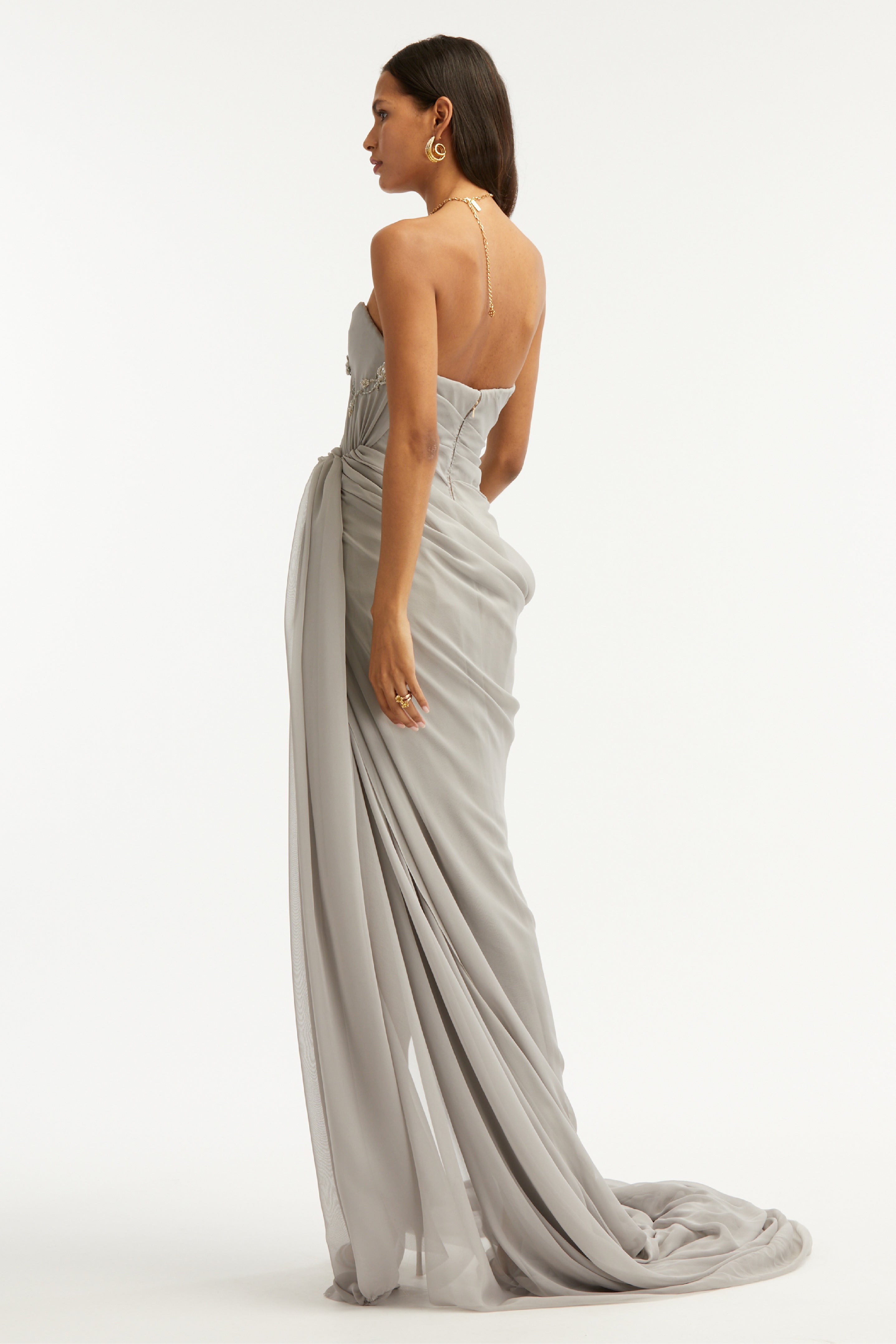 Draped Chiffon Crystal Embellished Gown