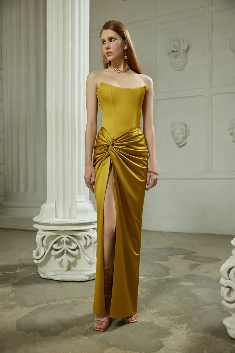 Satin Corset Maxi Dress with Draped Skirt