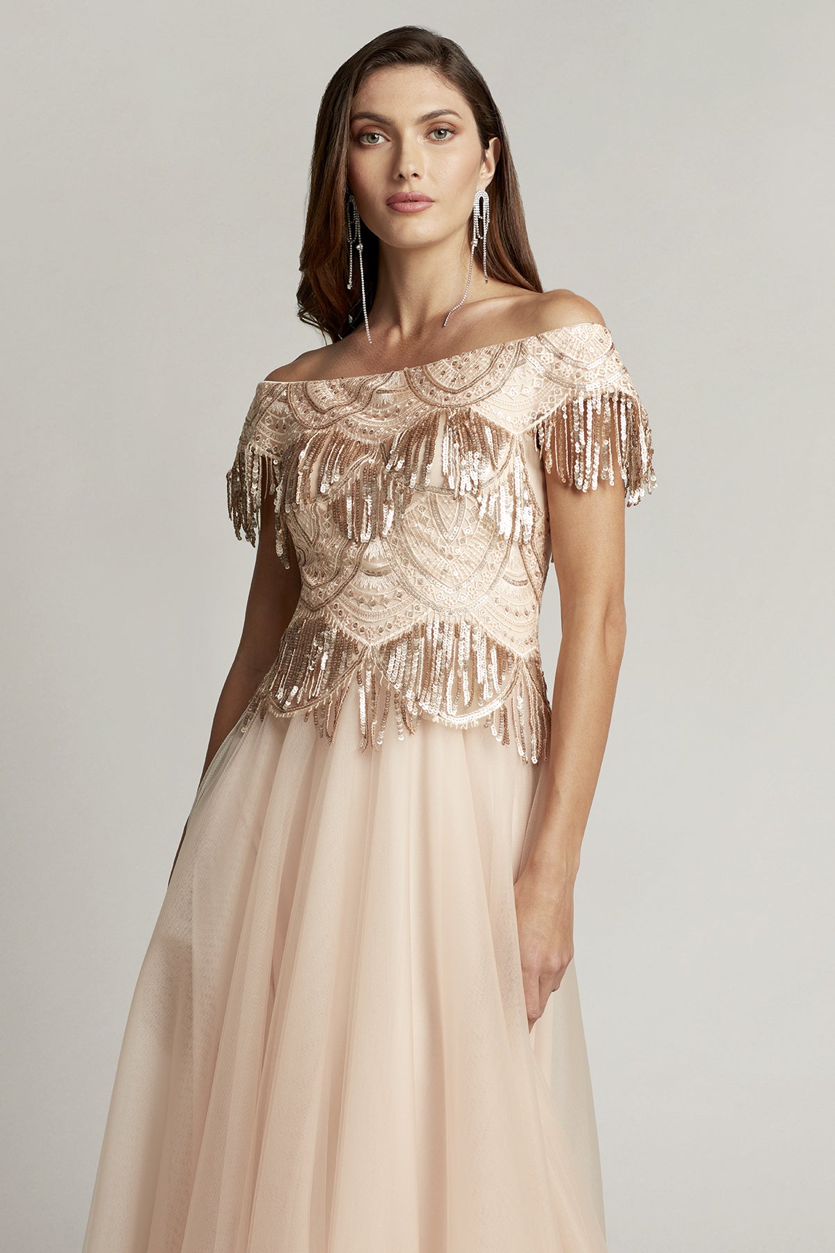 Sequin Fringe Tulle Gown