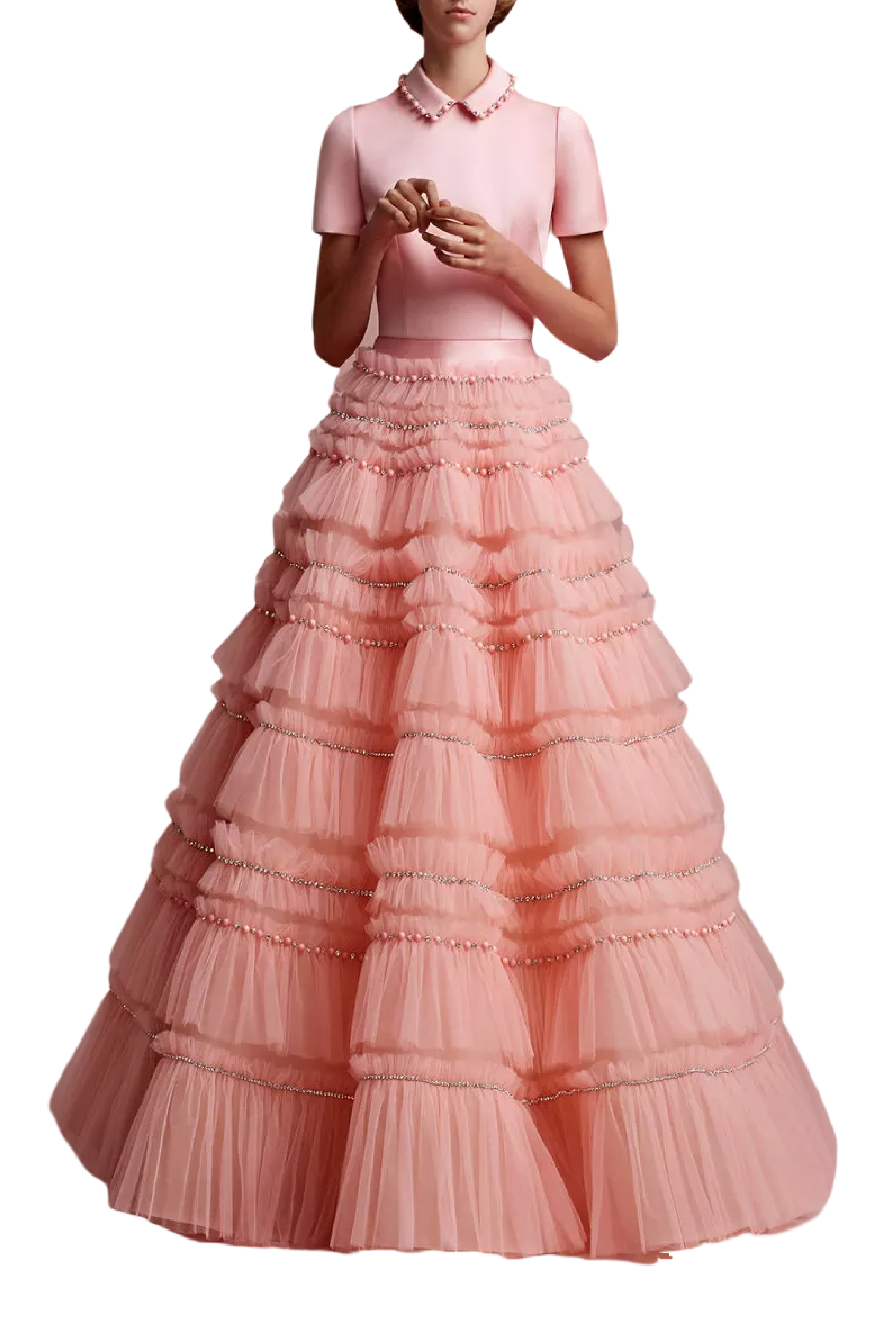 Embellished Tulle Ruffle Gown