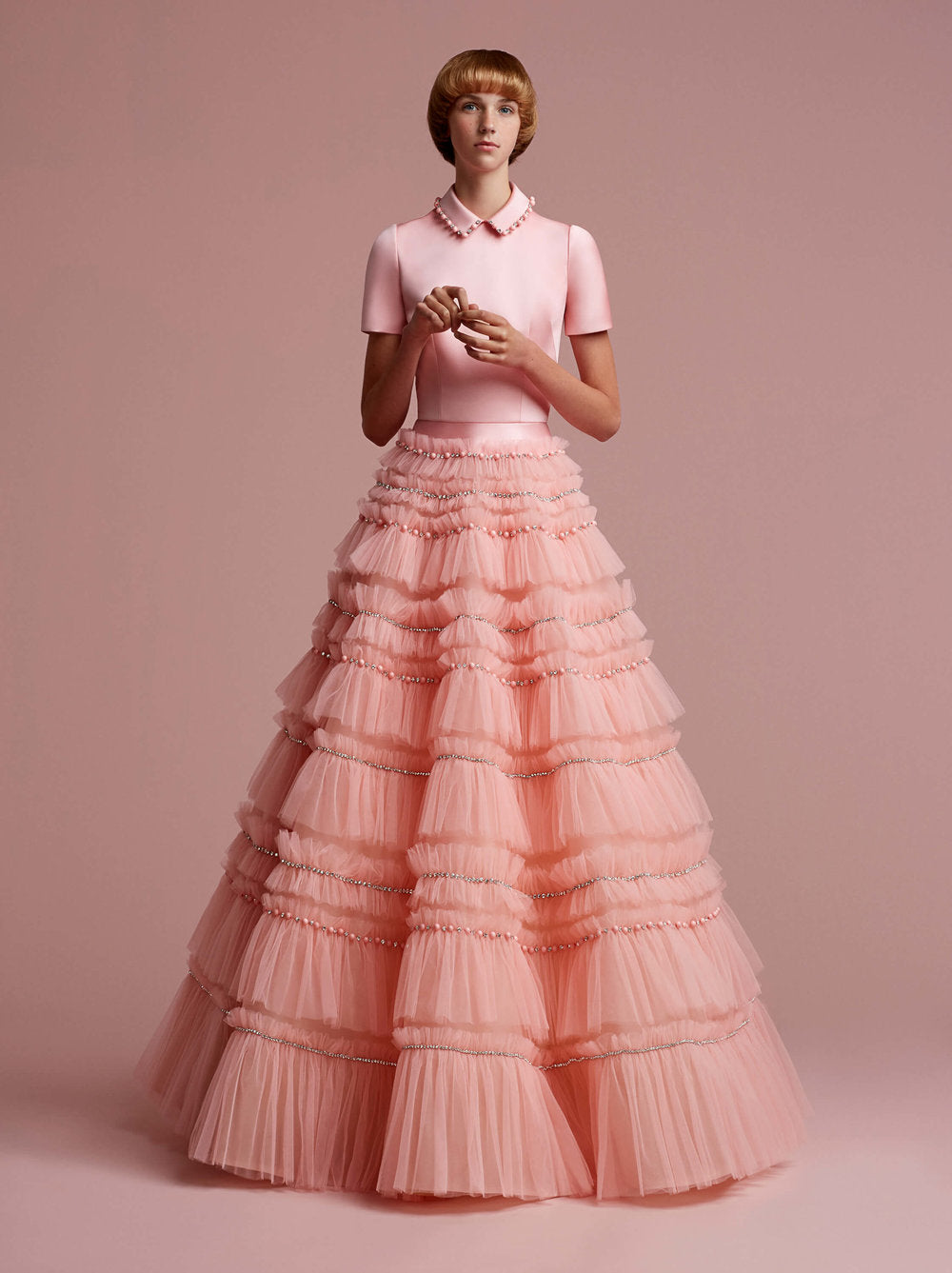 Embellished Tulle Ruffle Gown