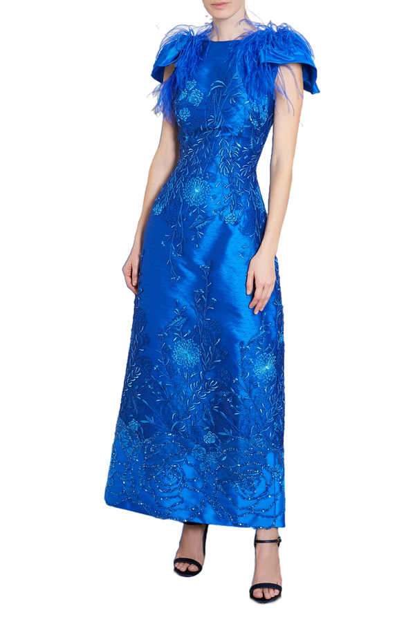 Embroidered Dress with Feather Sleeves