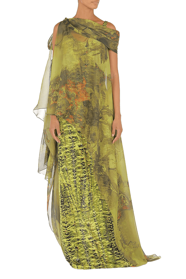 Abstract Print Cape Detail Maxi Dress - ALBOUSHIYA - district 5 - dubai - riyadh - abaya - dresses - designers - evening wear - luxury - elegance - craftsmanship - gowns - cocktail dresses - collections - georges