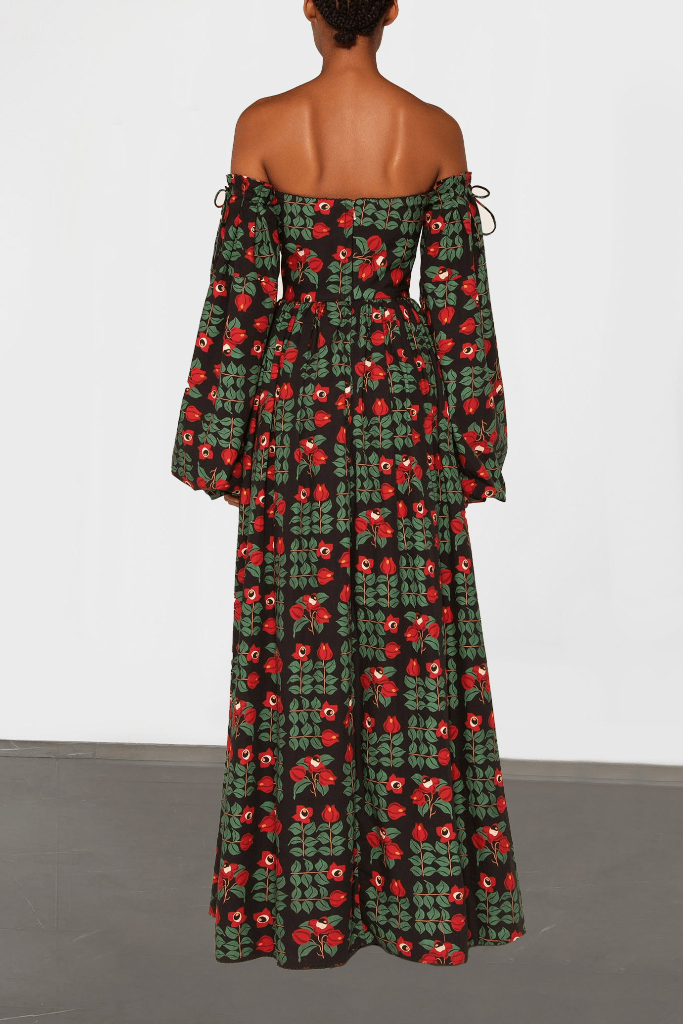 Alheli Printed Cotton Off - The - Shoulder Maxi Dress - ALBOUSHIYA - district 5 - dubai - riyadh - abaya - dresses - designers - evening wear - luxury - elegance - craftsmanship - gowns - cocktail dresses - collections - georges