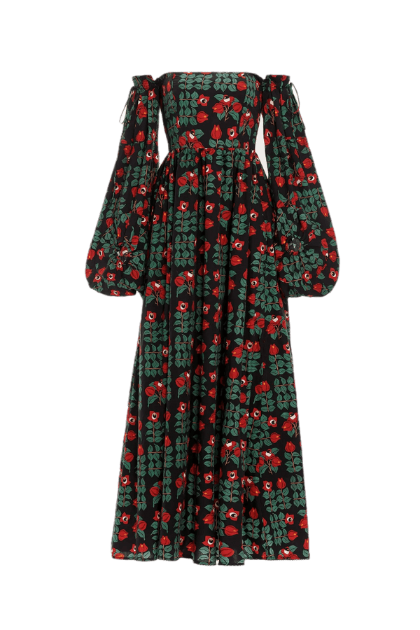 Alheli Printed Cotton Off - The - Shoulder Maxi Dress - ALBOUSHIYA - district 5 - dubai - riyadh - abaya - dresses - designers - evening wear - luxury - elegance - craftsmanship - gowns - cocktail dresses - collections - georges