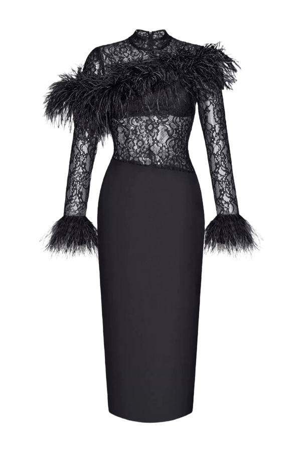Asymmetric Feather Lace and Crepe Dress - ALBOUSHIYA - district 5 - dubai - riyadh - abaya - dresses - designers - evening wear - luxury - elegance - craftsmanship - gowns - cocktail dresses - collections - georges