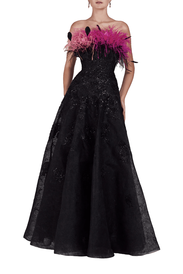 Beaded Feathered Ball Gown - ALBOUSHIYA - district 5 - dubai - riyadh - abaya - dresses - designers - evening wear - luxury - elegance - craftsmanship - gowns - cocktail dresses - collections - georges