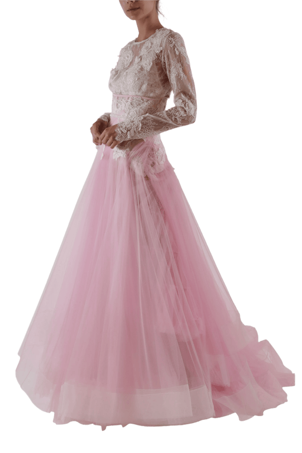 Canario Lace Blouse & Belted Skirt - ALBOUSHIYA - district 5 - dubai - riyadh - abaya - dresses - designers - evening wear - luxury - elegance - craftsmanship - gowns - cocktail dresses - collections - georges