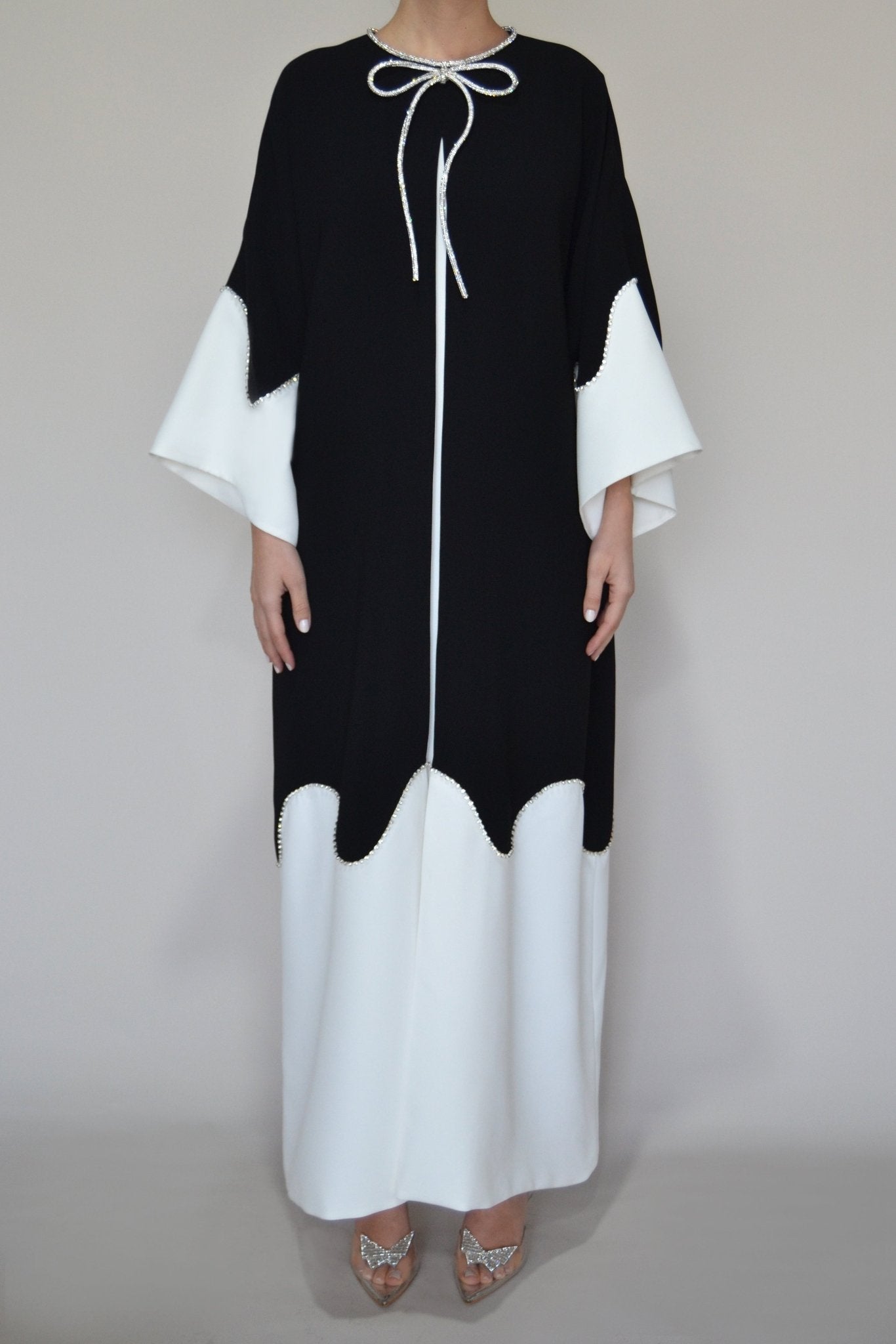 Crepe Caftan with Swarowski Bow - ALBOUSHIYA - district 5 - dubai - riyadh - abaya - dresses - designers - evening wear - luxury - elegance - craftsmanship - gowns - cocktail dresses - collections - georges