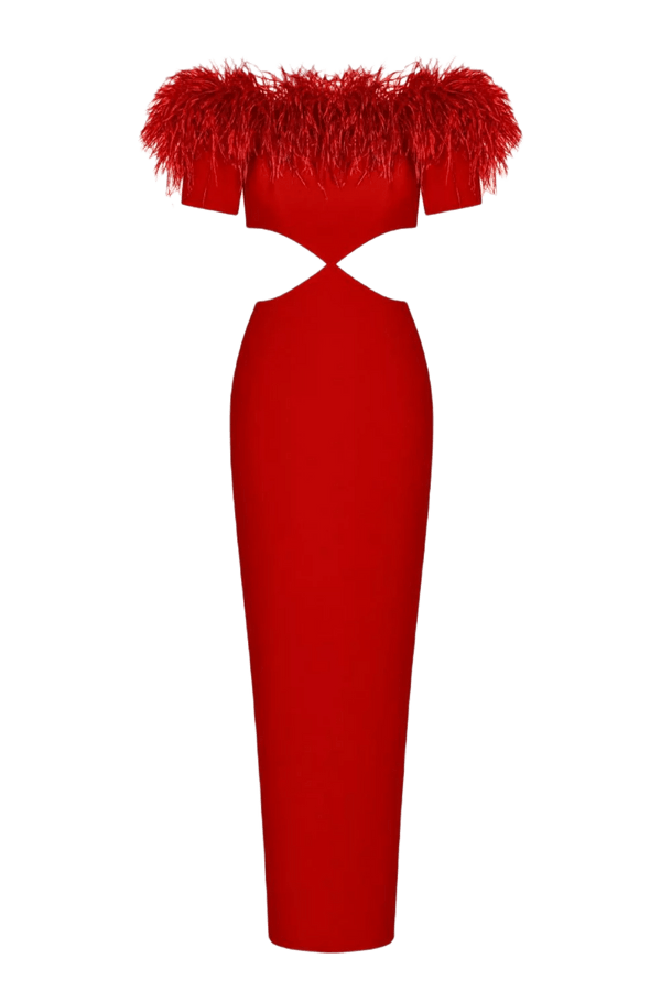 Feather Crepe Maxi Dress with Cutouts - ALBOUSHIYA - district 5 - dubai - riyadh - abaya - dresses - designers - evening wear - luxury - elegance - craftsmanship - gowns - cocktail dresses - collections - georges
