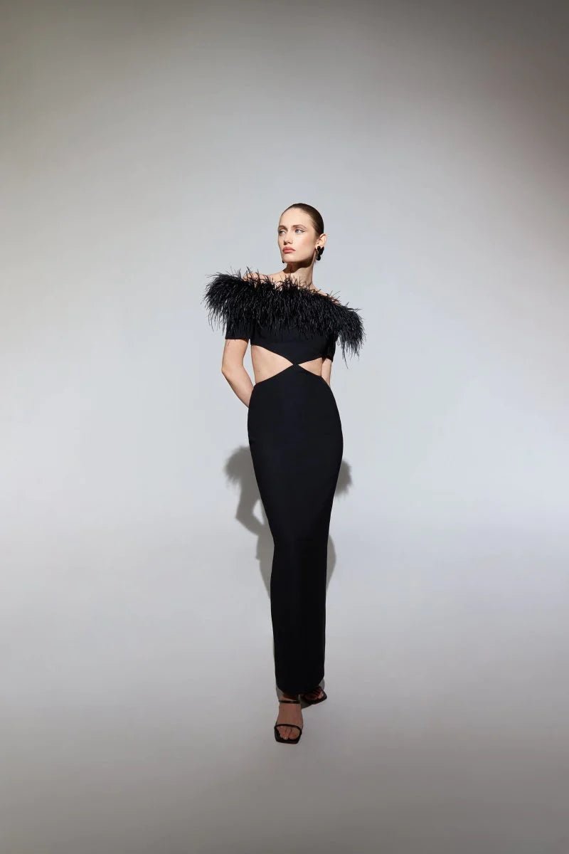 Feather Crepe Maxi Dress with Cutouts - ALBOUSHIYA - district 5 - dubai - riyadh - abaya - dresses - designers - evening wear - luxury - elegance - craftsmanship - gowns - cocktail dresses - collections - georges
