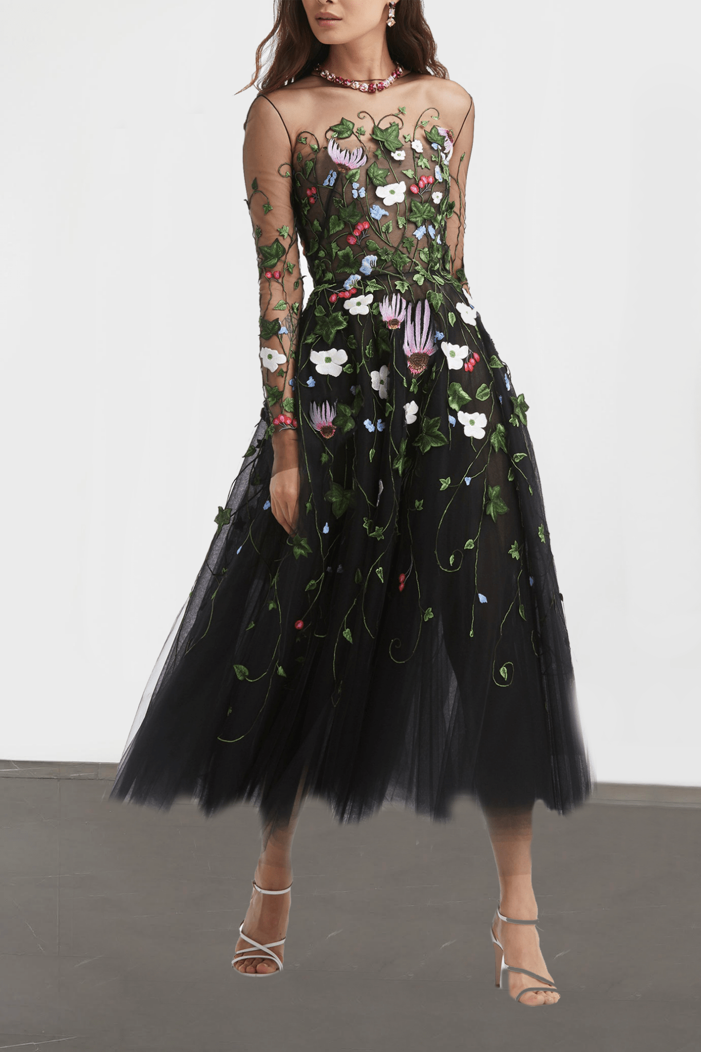 Floral Threadwork Midi Dress - ALBOUSHIYA - district 5 - dubai - riyadh - abaya - dresses - designers - evening wear - luxury - elegance - craftsmanship - gowns - cocktail dresses - collections - georges