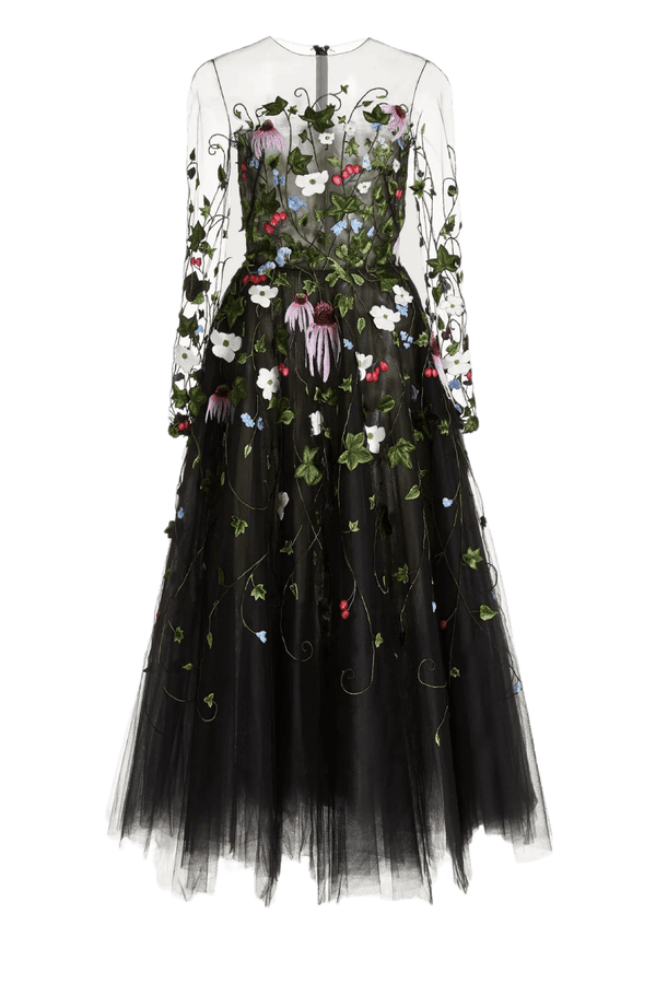 Floral Threadwork Midi Dress - ALBOUSHIYA - district 5 - dubai - riyadh - abaya - dresses - designers - evening wear - luxury - elegance - craftsmanship - gowns - cocktail dresses - collections - georges