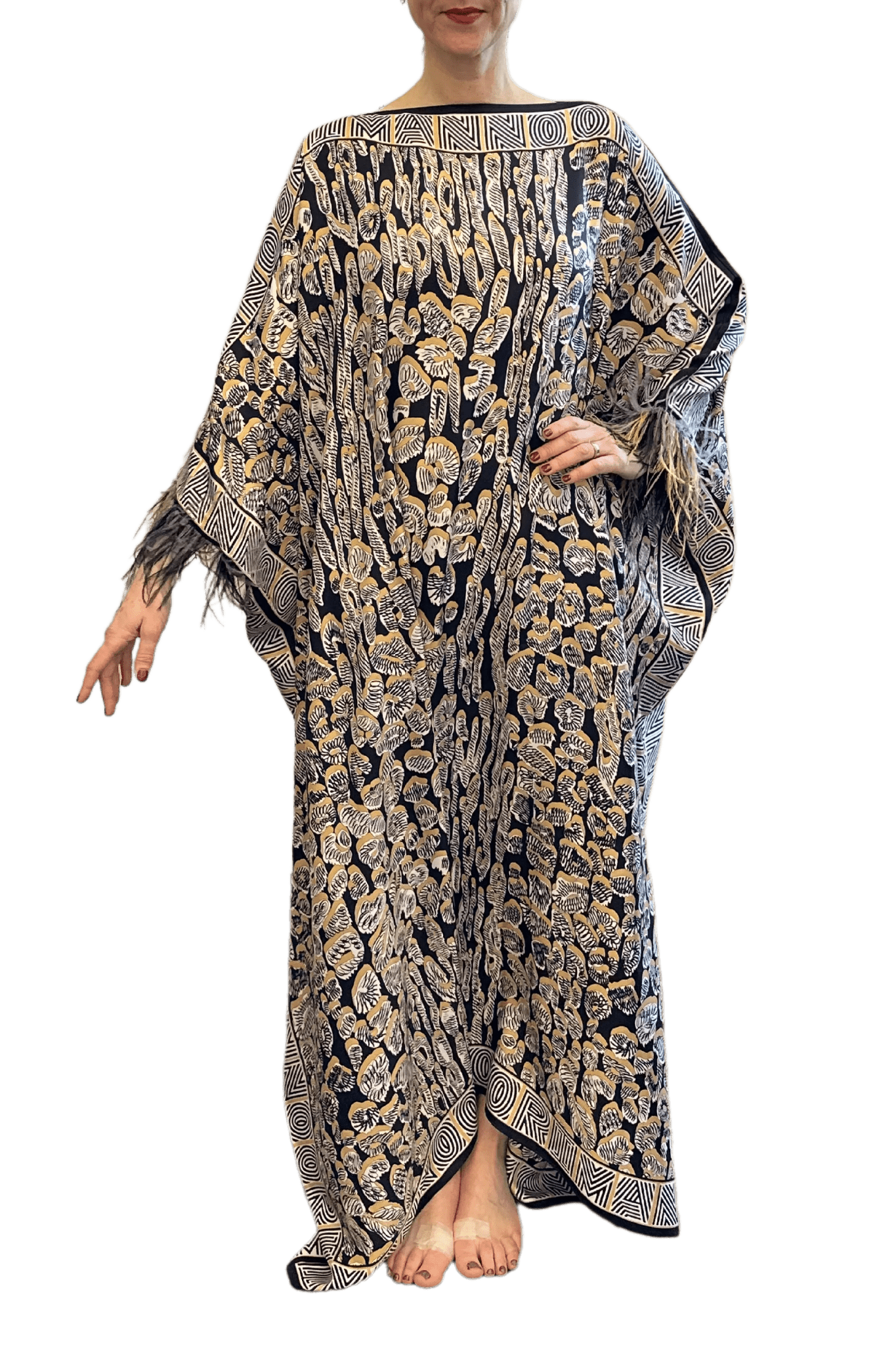 Gold Leopard of the East Caftan with Feathered Cuffs - ALBOUSHIYA - district 5 - dubai - riyadh - abaya - dresses - designers - evening wear - luxury - elegance - craftsmanship - gowns - cocktail dresses - collections - georges