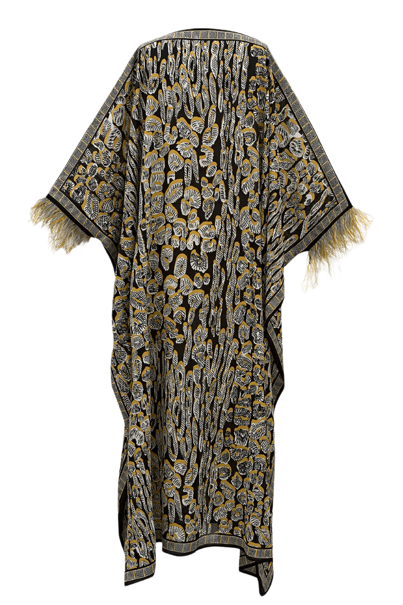Gold Leopard of the East Caftan with Feathered Cuffs - ALBOUSHIYA - district 5 - dubai - riyadh - abaya - dresses - designers - evening wear - luxury - elegance - craftsmanship - gowns - cocktail dresses - collections - georges