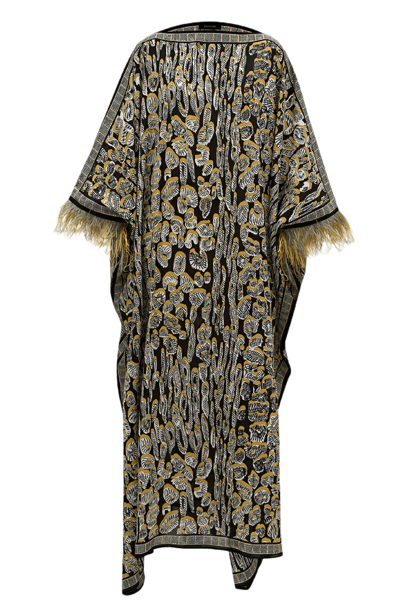 Gold Leopard of the East Caftan with Feathered Cuffs - ALBOUSHIYA - district 5 - dubai - riyadh - abaya - dresses - designers - evening wear - luxury - elegance - craftsmanship - gowns - cocktail dresses - collections - georges