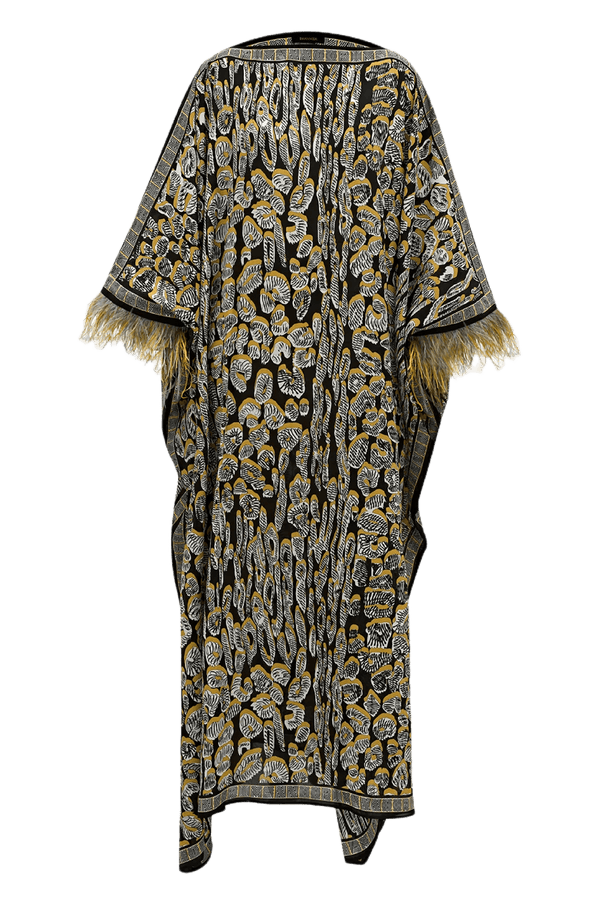 Gold Leopard of the East Caftan with Feathered Cuffs - ALBOUSHIYA - district 5 - dubai - riyadh - abaya - dresses - designers - evening wear - luxury - elegance - craftsmanship - gowns - cocktail dresses - collections - georges