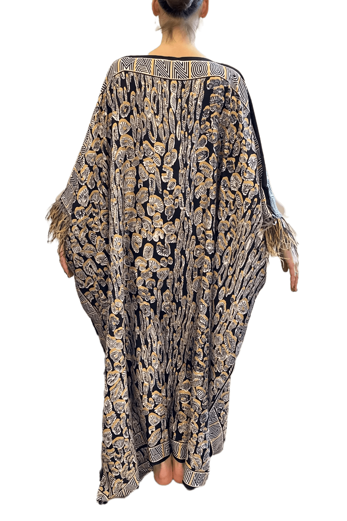 Gold Leopard of the East Caftan with Feathered Cuffs - ALBOUSHIYA - district 5 - dubai - riyadh - abaya - dresses - designers - evening wear - luxury - elegance - craftsmanship - gowns - cocktail dresses - collections - georges