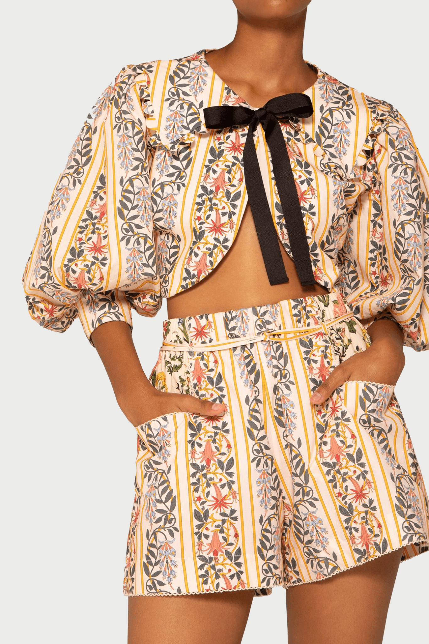 Granate Bow Floral Cotton Crop Top - ALBOUSHIYA - district 5 - dubai - riyadh - abaya - dresses - designers - evening wear - luxury - elegance - craftsmanship - gowns - cocktail dresses - collections - georges