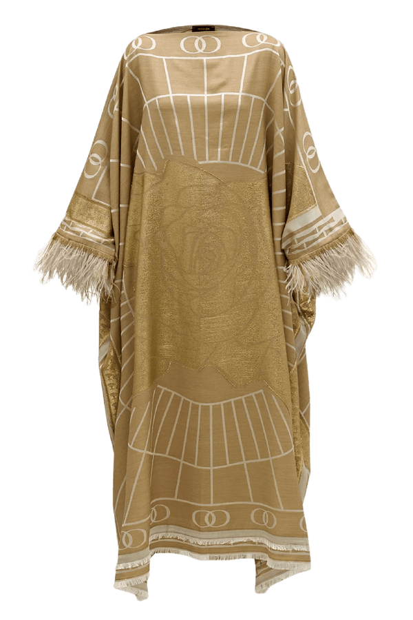 Leila Silk Jacquard Caftan in Beige - ALBOUSHIYA - district 5 - dubai - riyadh - abaya - dresses - designers - evening wear - luxury - elegance - craftsmanship - gowns - cocktail dresses - collections - georges