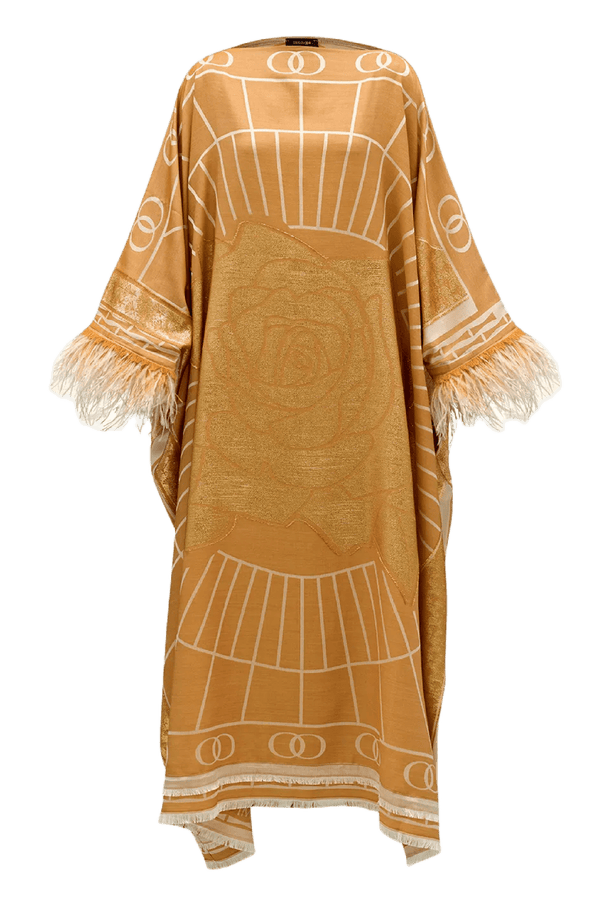 Leila Silk Jacquard Caftan in Gold - ALBOUSHIYA - district 5 - dubai - riyadh - abaya - dresses - designers - evening wear - luxury - elegance - craftsmanship - gowns - cocktail dresses - collections - georges