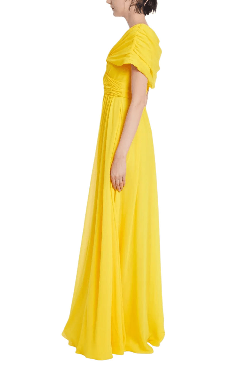 Lemon Pleated Evening Gown with Ruched Bodice - ALBOUSHIYA - district 5 - dubai - riyadh - abaya - dresses - designers - evening wear - luxury - elegance - craftsmanship - gowns - cocktail dresses - collections - georges