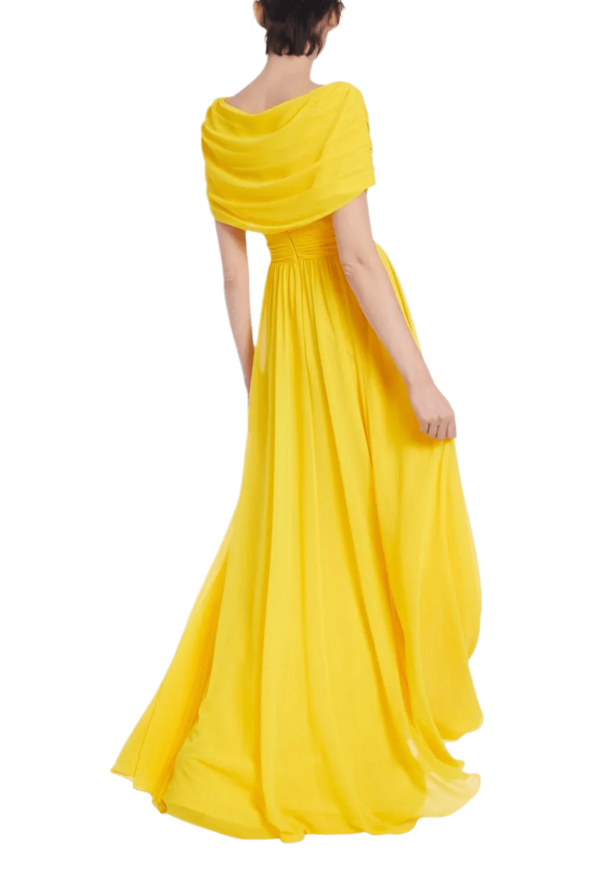Lemon Pleated Evening Gown with Ruched Bodice - ALBOUSHIYA - district 5 - dubai - riyadh - abaya - dresses - designers - evening wear - luxury - elegance - craftsmanship - gowns - cocktail dresses - collections - georges