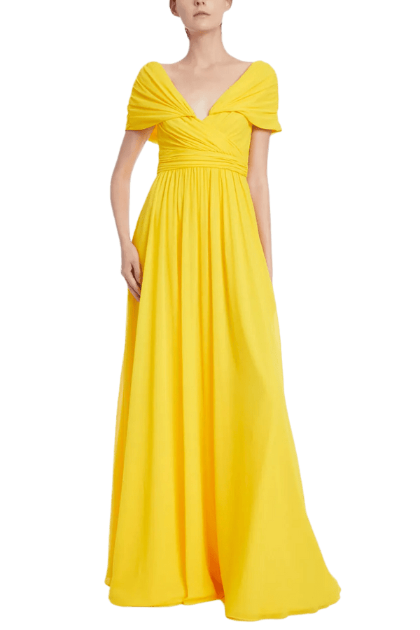 Lemon Pleated Evening Gown with Ruched Bodice - ALBOUSHIYA - district 5 - dubai - riyadh - abaya - dresses - designers - evening wear - luxury - elegance - craftsmanship - gowns - cocktail dresses - collections - georges