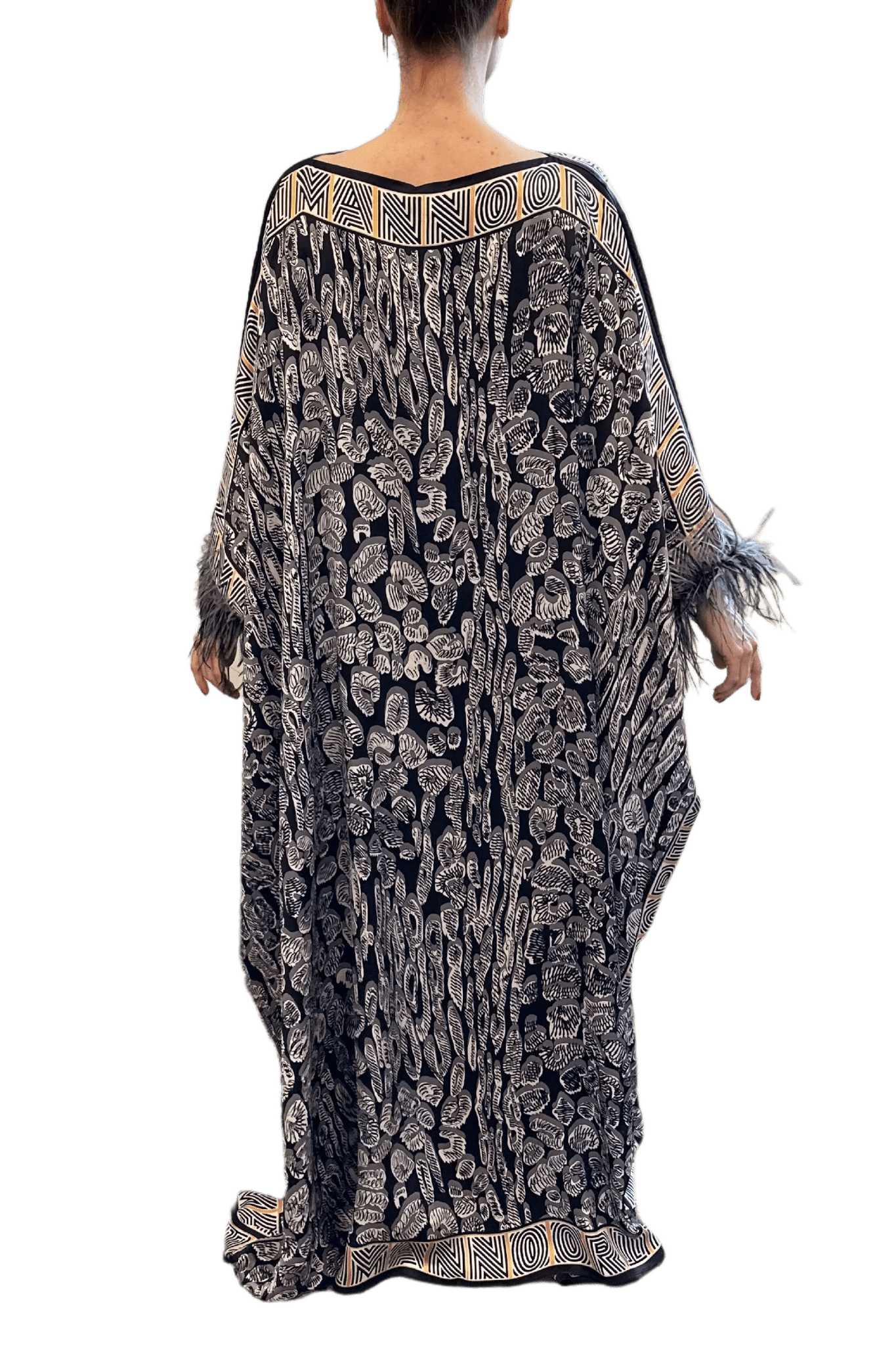 Leopard of the East Caftan with Feathered Cuffs - ALBOUSHIYA - district 5 - dubai - riyadh - abaya - dresses - designers - evening wear - luxury - elegance - craftsmanship - gowns - cocktail dresses - collections - georges