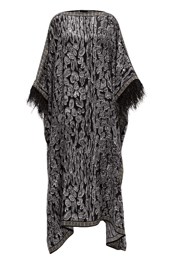 Leopard of the East Caftan with Feathered Cuffs - ALBOUSHIYA - district 5 - dubai - riyadh - abaya - dresses - designers - evening wear - luxury - elegance - craftsmanship - gowns - cocktail dresses - collections - georges