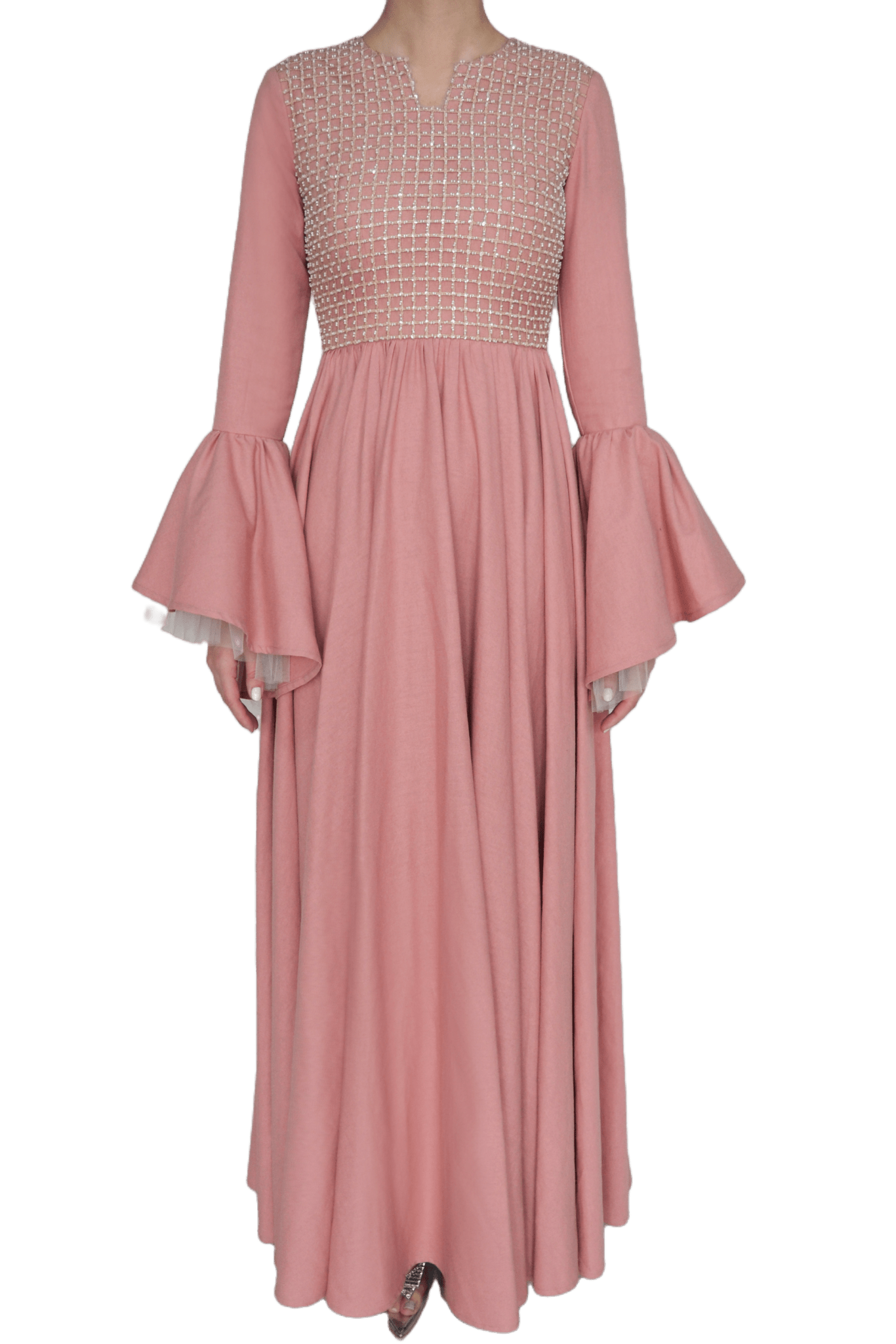 Linen Caftan with Grid Embroidery - ALBOUSHIYA - district 5 - dubai - riyadh - abaya - dresses - designers - evening wear - luxury - elegance - craftsmanship - gowns - cocktail dresses - collections - georges