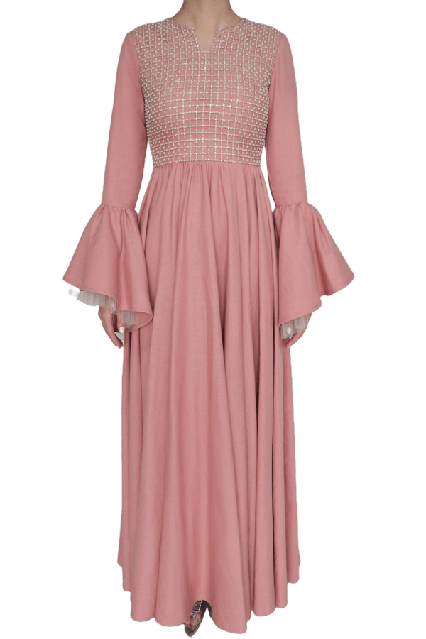 Linen Caftan with Grid Embroidery - ALBOUSHIYA - district 5 - dubai - riyadh - abaya - dresses - designers - evening wear - luxury - elegance - craftsmanship - gowns - cocktail dresses - collections - georges