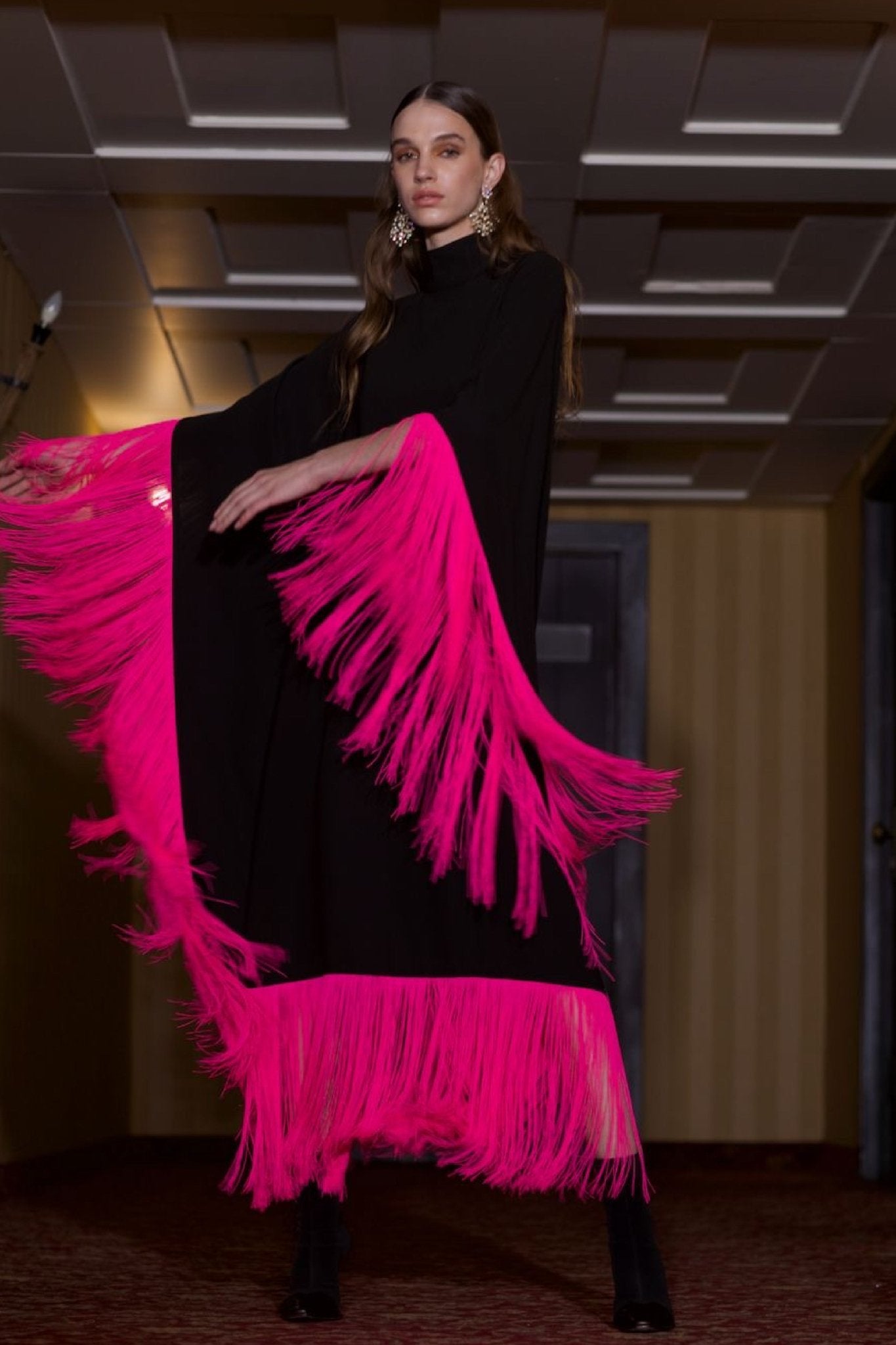 Maya Dress in Brown with Fuchsia Tassels - ALBOUSHIYA - district 5 - dubai - riyadh - abaya - dresses - designers - evening wear - luxury - elegance - craftsmanship - gowns - cocktail dresses - collections - georges