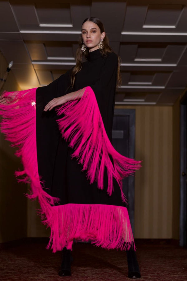 Maya Dress in Brown with Fuchsia Tassels - ALBOUSHIYA - district 5 - dubai - riyadh - abaya - dresses - designers - evening wear - luxury - elegance - craftsmanship - gowns - cocktail dresses - collections - georges