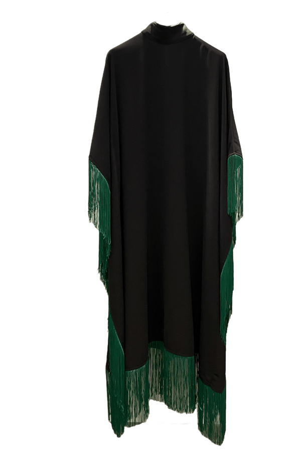 Maya Dress in Brown with Green Tassels - ALBOUSHIYA - district 5 - dubai - riyadh - abaya - dresses - designers - evening wear - luxury - elegance - craftsmanship - gowns - cocktail dresses - collections - georges
