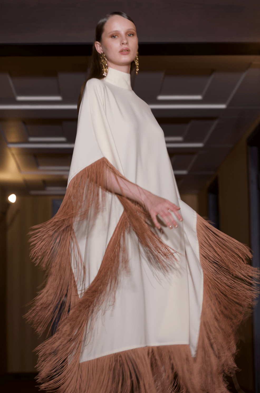 Maya Dress in Cream with Brown Tassels - ALBOUSHIYA - district 5 - dubai - riyadh - abaya - dresses - designers - evening wear - luxury - elegance - craftsmanship - gowns - cocktail dresses - collections - georges