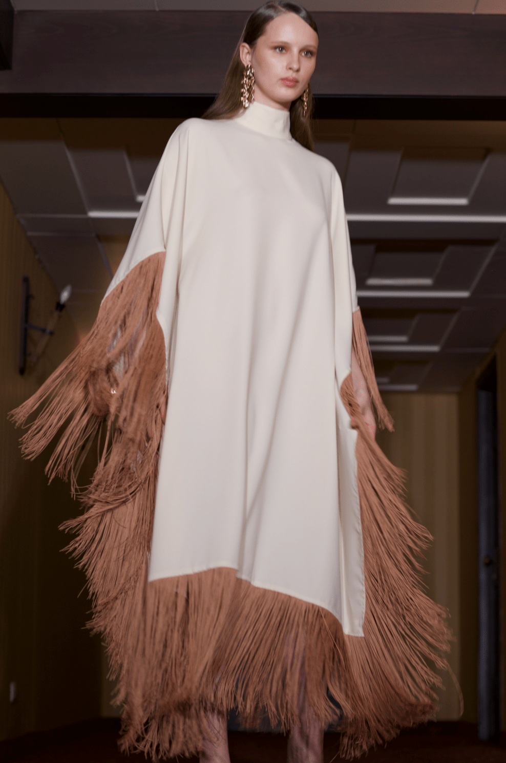 Maya Dress in Cream with Brown Tassels - ALBOUSHIYA - district 5 - dubai - riyadh - abaya - dresses - designers - evening wear - luxury - elegance - craftsmanship - gowns - cocktail dresses - collections - georges