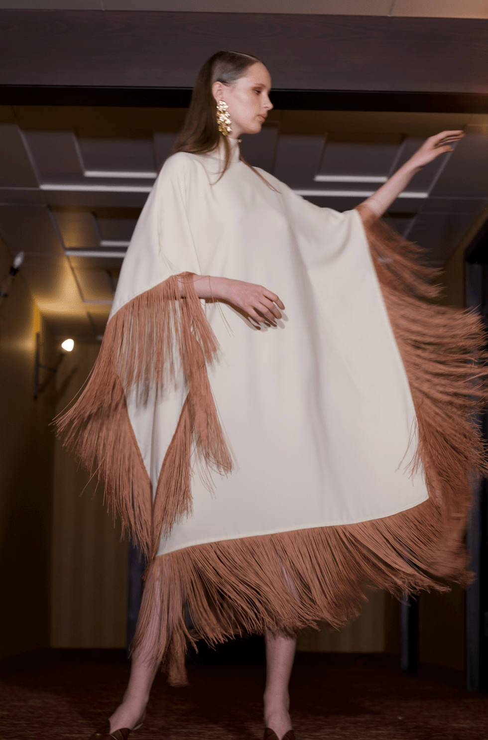 Maya Dress in Cream with Brown Tassels - ALBOUSHIYA - district 5 - dubai - riyadh - abaya - dresses - designers - evening wear - luxury - elegance - craftsmanship - gowns - cocktail dresses - collections - georges