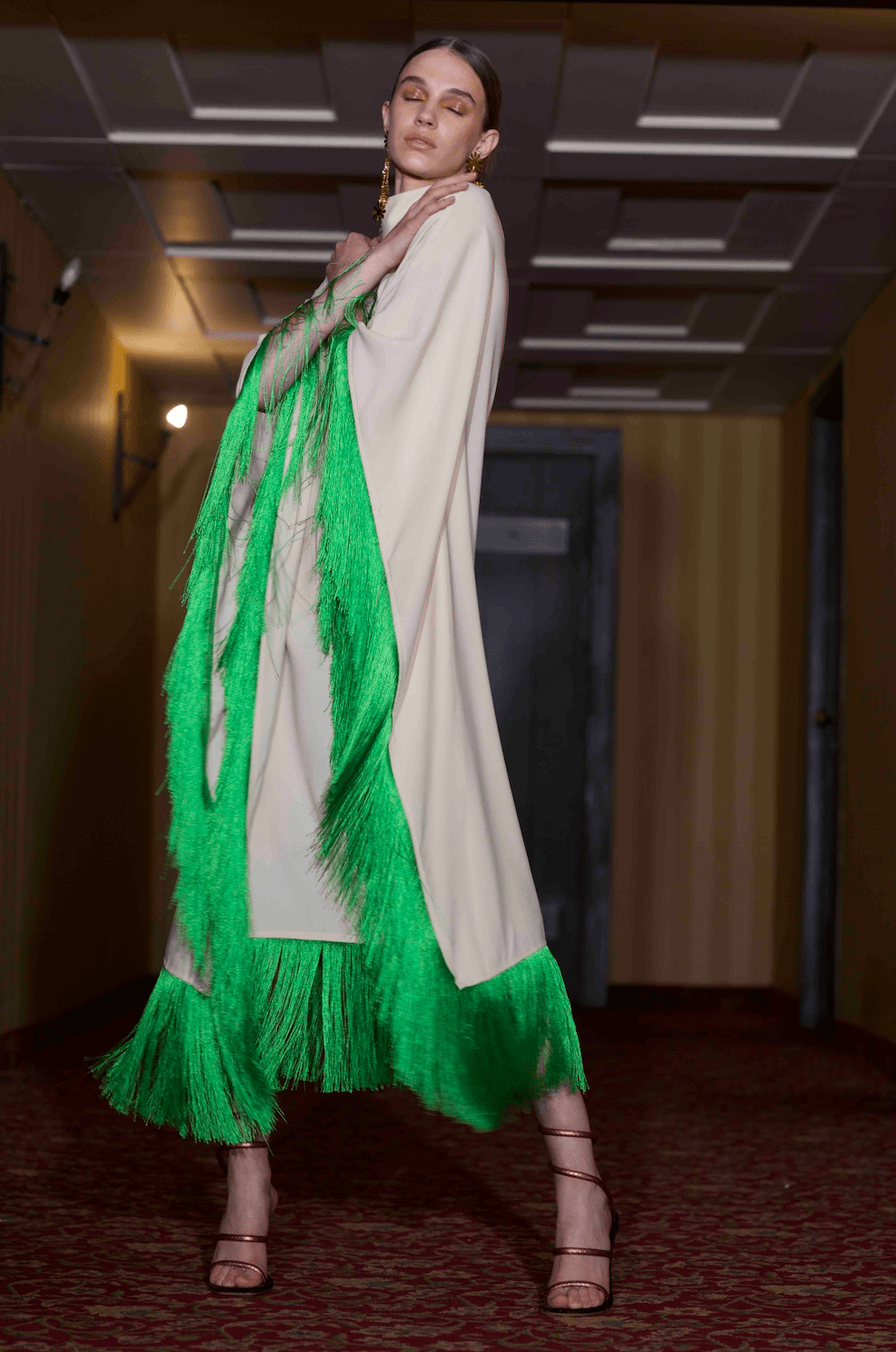 Maya Dress in Cream with Green Tassels - ALBOUSHIYA - district 5 - dubai - riyadh - abaya - dresses - designers - evening wear - luxury - elegance - craftsmanship - gowns - cocktail dresses - collections - georges
