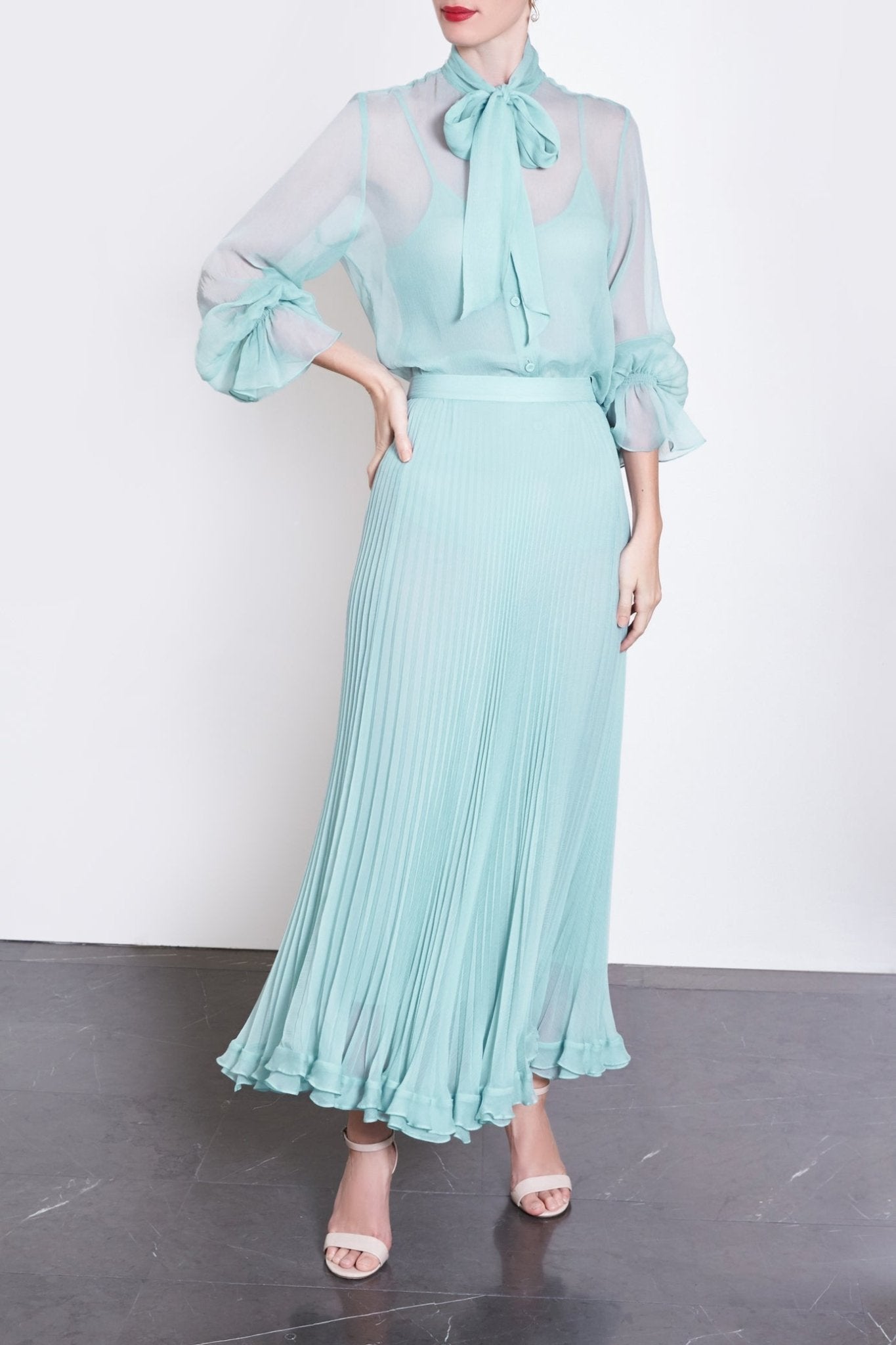 Mint Chiffon Pleated Skirt - ALBOUSHIYA - district 5 - dubai - riyadh - abaya - dresses - designers - evening wear - luxury - elegance - craftsmanship - gowns - cocktail dresses - collections - georges