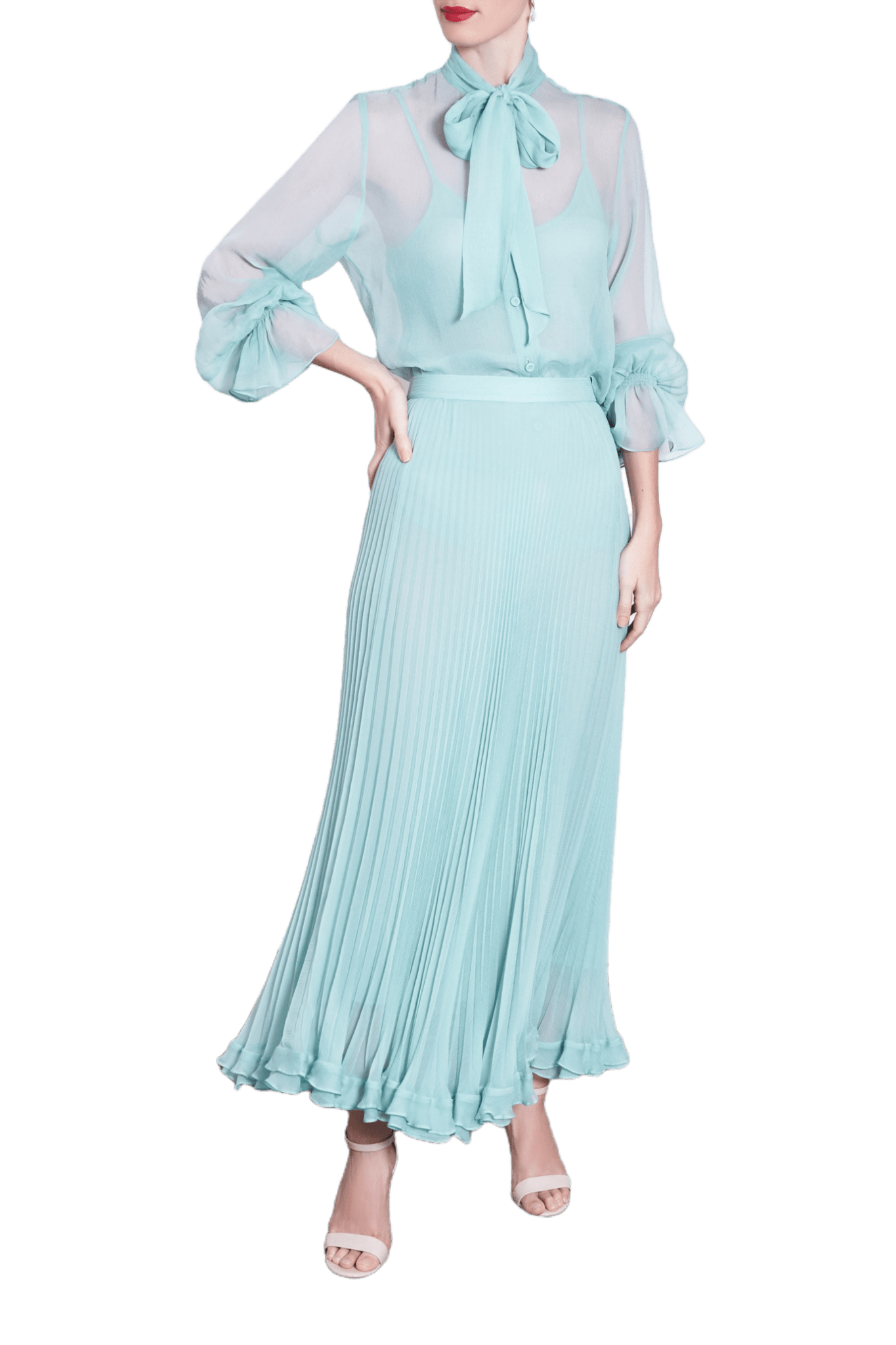 Mint Chiffon Pleated Skirt - ALBOUSHIYA - district 5 - dubai - riyadh - abaya - dresses - designers - evening wear - luxury - elegance - craftsmanship - gowns - cocktail dresses - collections - georges