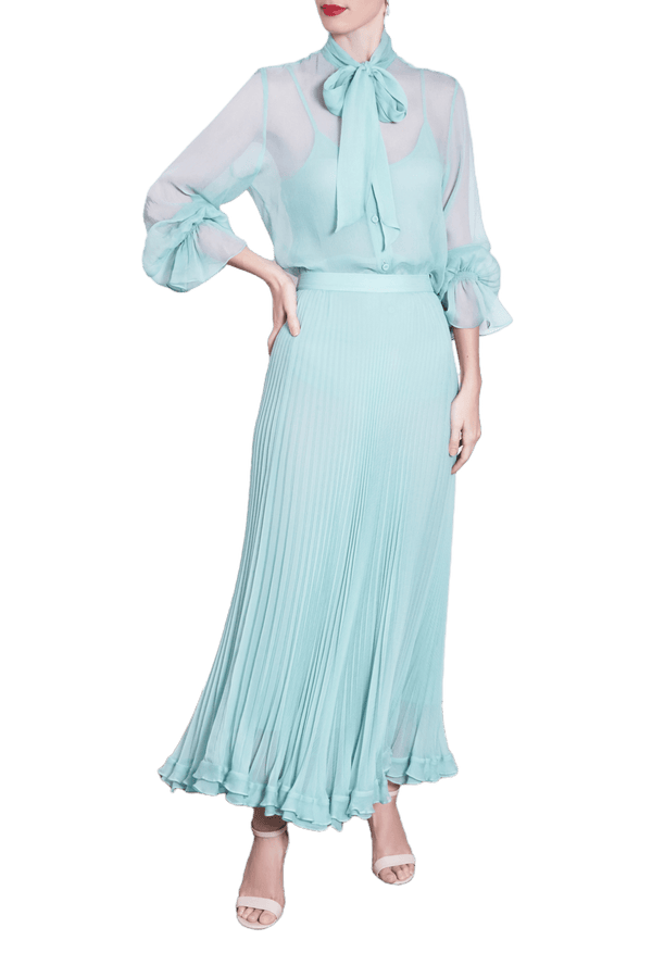 Mint Chiffon Pleated Skirt - ALBOUSHIYA - district 5 - dubai - riyadh - abaya - dresses - designers - evening wear - luxury - elegance - craftsmanship - gowns - cocktail dresses - collections - georges